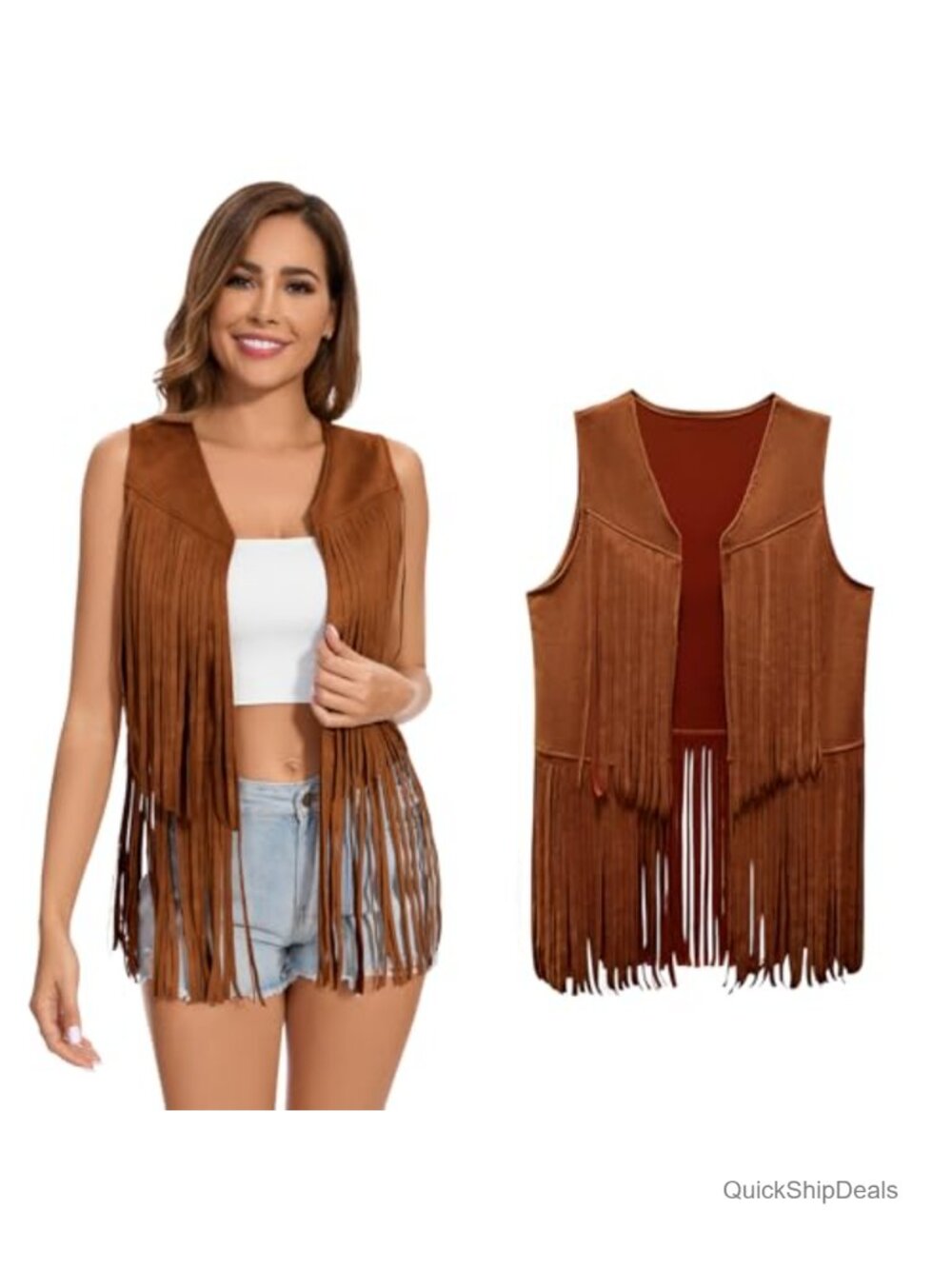 Fringe Vest Faux Suede Sleeveless Hippie Boho Western Costume Adult